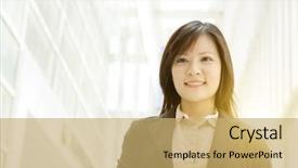  Presentation with golden light - Slide set consisting of portrait of a young asian business woman smiling and standing at an office environment natural golden sun light background background and a yellow colored foreground