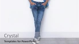  Presentation with jeans - Slide set featuring portrait of a young attractive man in blue jeans shirts with blue torn jeans with sneakers posing in the studio background and a lemonade colored foreground