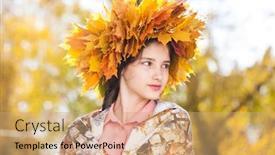  Presentation with maple - Slide set featuring portrait of a young beautiful girl with a wreath of maple leaves in autumn park background and a coral colored foreground