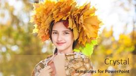  Presentation with maple leaves - Cool new slide deck with portrait of a young beautiful girl with a wreath of maple leaves in autumn park backdrop and a yellow colored foreground
