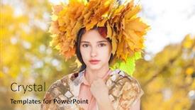  Presentation with maple leaves - Colorful presentation design enhanced with portrait of a young beautiful girl with a wreath of maple leaves in autumn park backdrop and a coral colored foreground