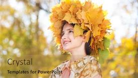  Presentation with maple - Audience pleasing slide set consisting of portrait of a young beautiful girl with a wreath of maple leaves in autumn park backdrop and a yellow colored foreground