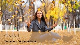  Presentation with autumn blue - PPT theme enhanced with portrait of a young beautiful girl in blue jeans and gray coat sits on autumn leaves in a park background and a yellow colored foreground