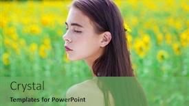  Presentation with sunflowers - Slide set consisting of portrait of a young beautiful girl in a field of sunflowers field background and a seafoam green colored foreground