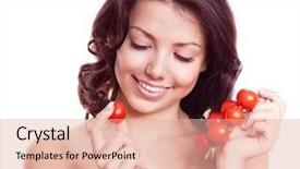  Presentation with cherry - Audience pleasing slide deck consisting of portrait of a young beautiful brunette woman eating cherry tomatoes isolated against white background backdrop and a lemonade colored foreground