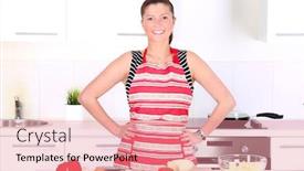  Presentation with wife - Cool new PPT layouts with portrait of a young beautiful wife working in a modern kitchen backdrop and a coral colored foreground