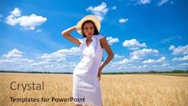  Presentation with golden woman - Presentation design featuring portrait of a young brunette woman in white dress on a background of golden wheat field summer outdoors background and a coral colored foreground