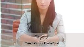  Presentation with conference table - Slide deck featuring portrait of a young business woman sitting at a table in a conference room background and a light gray colored foreground