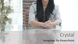  Presentation with conference table - Beautiful PPT theme featuring portrait of a young business woman sitting at a table in a conference room backdrop and a light gray colored foreground