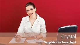  Presentation with paperwork - Colorful presentation theme enhanced with portrait of a young business woman sitting in office doing some paperwork backdrop and a coral colored foreground