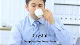  Presentation with executive - Colorful slides enhanced with portrait of a young business executive drinking coffee while looking at the computer backdrop and a light blue colored foreground