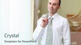  Presentation with hotel business - Theme with portrait of a young business man in suit in hotel room background and a sky blue colored foreground