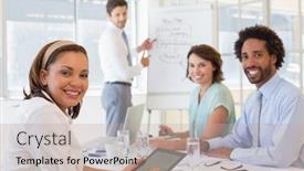  Presentation with giving - Presentation theme having portrait of a young businessman giving presentation to colleagues in a bright office background and a mint green colored foreground