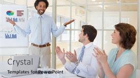  Presentation with giving - Slide set having portrait of a young businessman giving presentation to colleagues in a bright office background and a light gray colored foreground