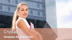  Presentation with office buildings - Slide deck enhanced with young businesswoman standing near background and a coral colored foreground