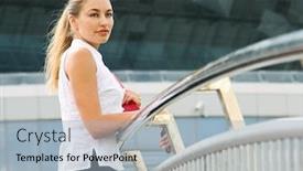  Presentation with office buildings - Audience pleasing PPT layouts consisting of young businesswoman standing near backdrop and a light blue colored foreground