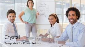  Presentation with giving - PPT theme featuring portrait of a young businesswoman giving presentation to colleagues in a bright office background and a light gray colored foreground