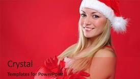  Presentation with happy new year - Theme with charming girl dressed as santa background and a red colored foreground