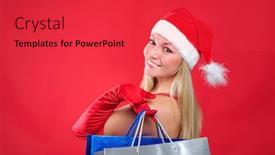  Presentation with happy new year - Colorful presentation theme enhanced with portrait of a young charming girl dressed as santa with a bag of shopping in their hands happy new year backdrop and a red colored foreground