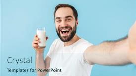  Presentation with cheerful - Cool new presentation theme with portrait-of-a-young-cheerful backdrop and a light blue colored foreground