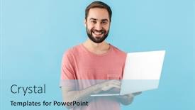  Presentation with cheerful - PPT layouts consisting of portrait-of-a-young-cheerful background and a light blue colored foreground