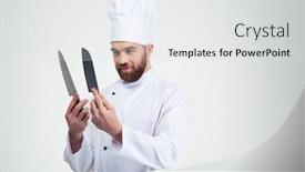  Presentation with cook chef - PPT layouts featuring portrait of a young chef cook holding and looking on knifes isolated on a white background background and a light gray colored foreground