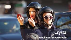  Presentation with lipstick - Cool new PPT layouts with portrait of a young couple in scooter she puts on lipstick backdrop and a tawny brown colored foreground