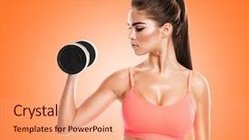  Presentation with barbell - Cool new PPT layouts with portrait of a young fitness girl doing exercises with heavy barbell isolated on orange background backdrop and a coral colored foreground