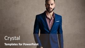  Presentation with navy - Beautiful PPT theme featuring portrait of a young formal business man wearing a navy suit standing and looking at camera confident against gray studio background backdrop and a dark gray colored foreground