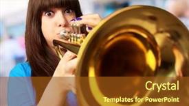  Presentation with trumpet - Presentation theme having portrait of a young girl blowing trumpet outdoor background and a tawny brown colored foreground