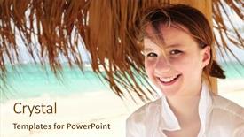  Presentation with under umbrella - Presentation design with portrait of a young girl on tropical beach under umbrella background and a cream colored foreground