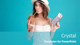  Presentation with passport - Beautiful PPT layouts featuring portrait of a young girl traveller holding passport with travelling tickets and driking cocktail isolated over blue background backdrop and a teal colored foreground