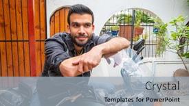  Presentation with motorcycle - PPT theme featuring portrait-of-a-young-guy background and a light gray colored foreground