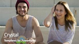  Presentation with atmosphere - Theme enhanced with portrait of a young lovely happy skateboarding couple on concrete steps on a bright summer afternoon with a pleasant friendly atmosphere background and a violet colored foreground