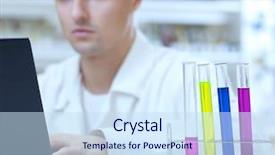  Presentation with lab test - Cool new presentation with portrait of a young male researcher working on a laptop computer while carrying out research in a lab the focus is on the test tubes in the foreground color toned image backdrop and a sky blue colored foreground