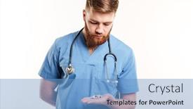  Presentation with male nurse - PPT theme consisting of portrait of a young male medical doctor or nurse with stethoscope looking at pills in his palm isolated on white background background and a teal colored foreground