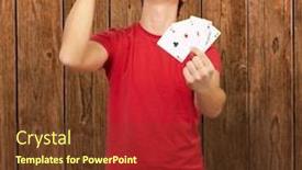  Presentation with poker - Theme featuring portrait of a young man doing a winner gesture playing poker against a wooden wall background and a tawny brown colored foreground