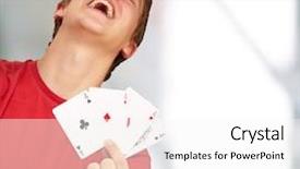  Presentation with poker - Audience pleasing theme consisting of portrait of a young man doing a winner gesture playing poker indoor backdrop and a sky blue colored foreground