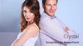  Presentation with gray - Theme with portrait of a young man and woman standing against gray background background and a lemonade colored foreground