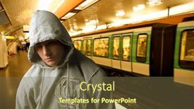  Presentation with station - Slide set consisting of portrait of a young man with his face covered by the hood of his sweatshirt standing on the platform of an underground station background and a tawny brown colored foreground