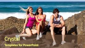  Presentation with beach rocks - Beautiful PPT layouts featuring portrait of a young man and two young women sitting on large rocks on the beach and smiling at the camera the ocean can be seen in the background horizontal shot backdrop and a tawny brown colored foreground