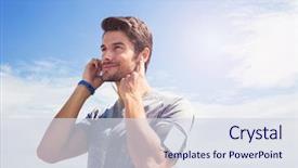  Presentation with sports wear - Theme enhanced with portrait of a young man in sports wear standing outdoors and looking away background and a sky blue colored foreground