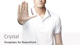  Presentation with stop - PPT theme consisting of portrait of a young man doing stop gesture over white background background and a white colored foreground