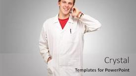  Presentation with man holding phone - Slide set enhanced with gst alphabets over blue grey background and a light blue colored foreground