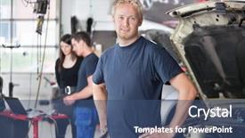  Presentation with mechanic repair - PPT theme having portrait of a young mechanic background and a ocean colored foreground