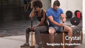  Presentation with tire - Slide set with portrait of a young multiethnic couple after training with a sledgehammer and tractor tire background and a tawny brown colored foreground