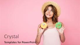  Presentation with donuts pink - Colorful PPT layouts enhanced with portrait of a young pretty girl in summer hat holding donuts and looking away at copy space isolated over pink background backdrop and a lemonade colored foreground
