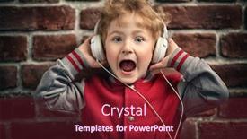  Presentation with music kids - Presentation design consisting of portrait of a young schoolboy posing in the studio over the brick wall and listening to music in the headphones kids casual fashion education background and a tawny brown colored foreground