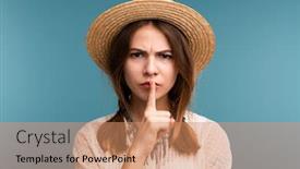  Presentation with summer - Presentation theme having portrait of a young serious girl in summer hat isolated over blue background showing silence gesture background and a coral colored foreground