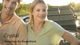  Presentation with jeep - PPT theme enhanced with portrait of a young smiling couple standing against jeep background and a coral colored foreground